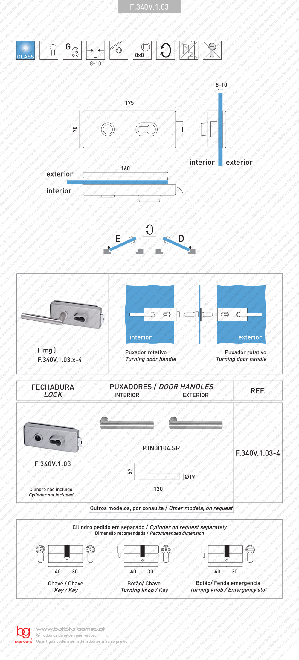 Fechadura para porta de vidro - para puxadores Rotativo / Rotativo